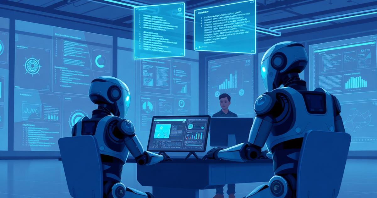 AI agents working in a futuristic office with a solo builder watching