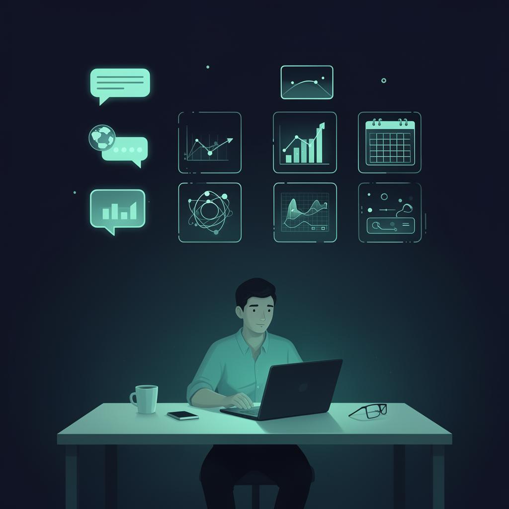 Solo founder comparing AI marketing tools with floating holographic icons on a minimalist desk