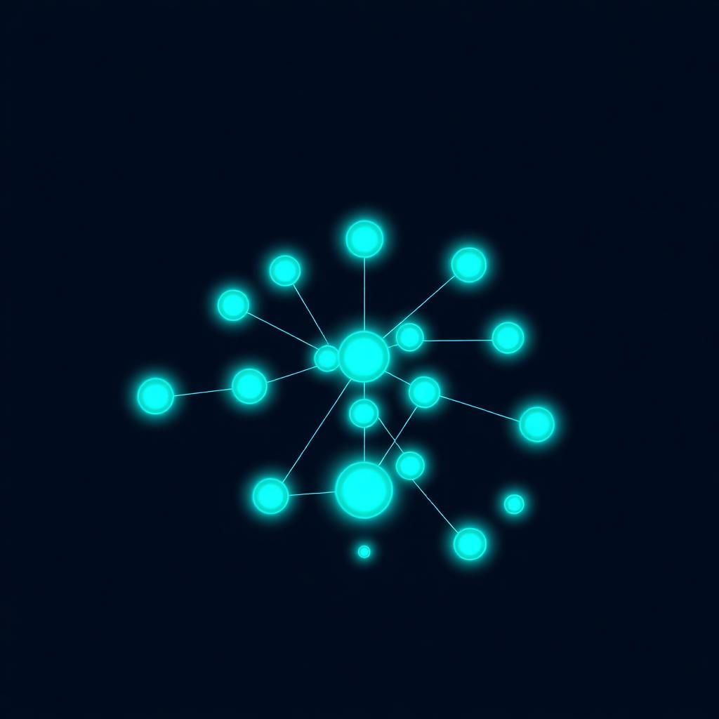 Abstract teal node graph representing a living Venture Map with goals, moves, and evidence connected on a deep navy background
