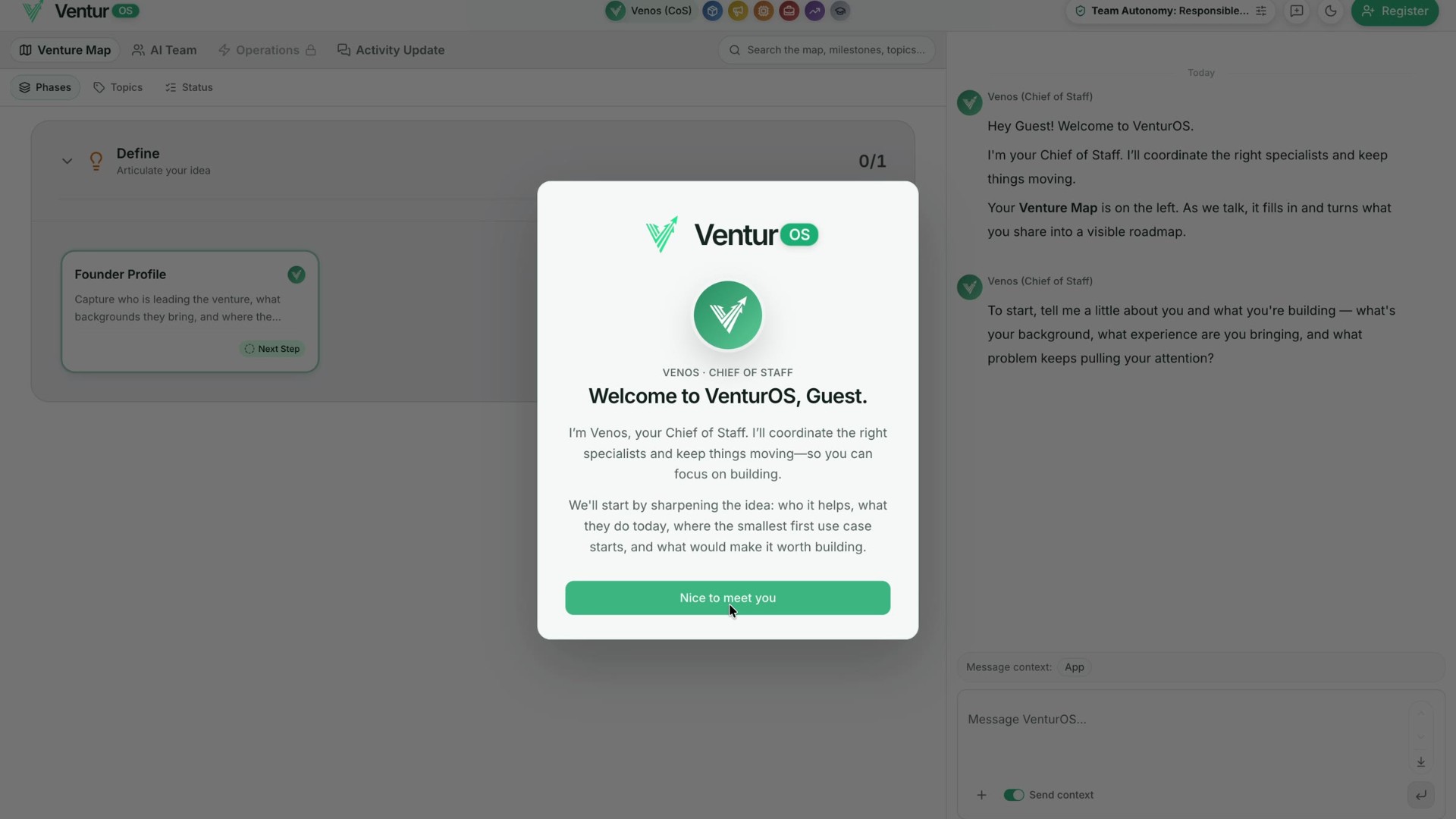 Venos welcome modal onboarding you in minutes